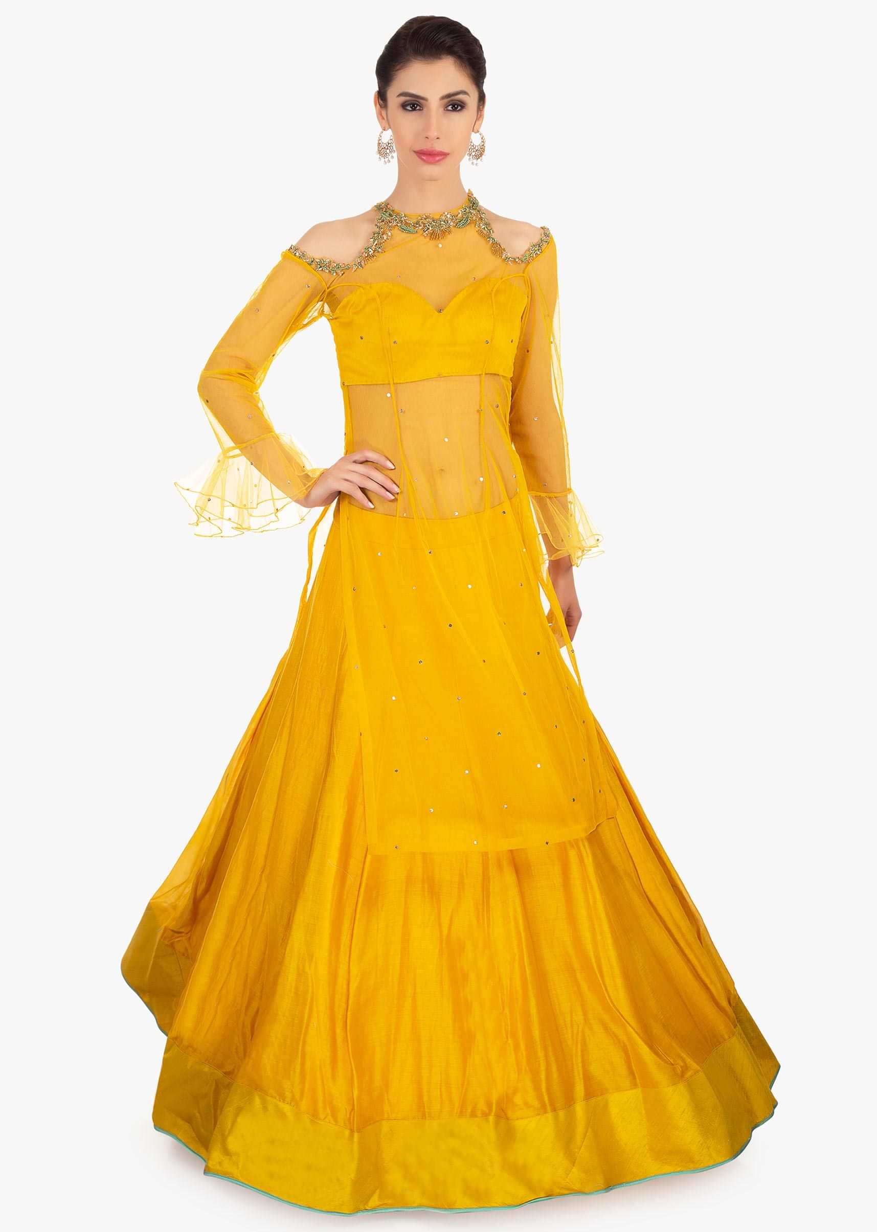 Mustard cotton skirt in kali with long net top