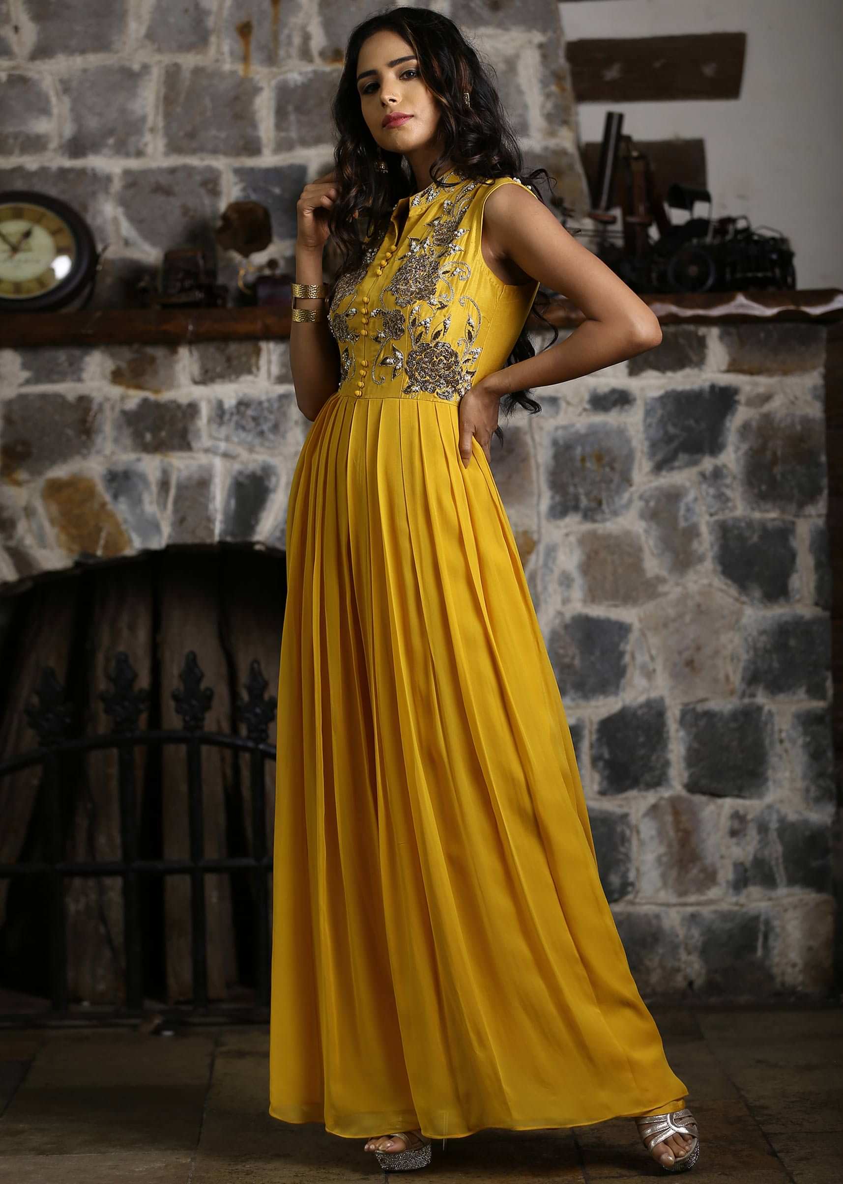 Mustard crepe jump suit with embroidered bodice