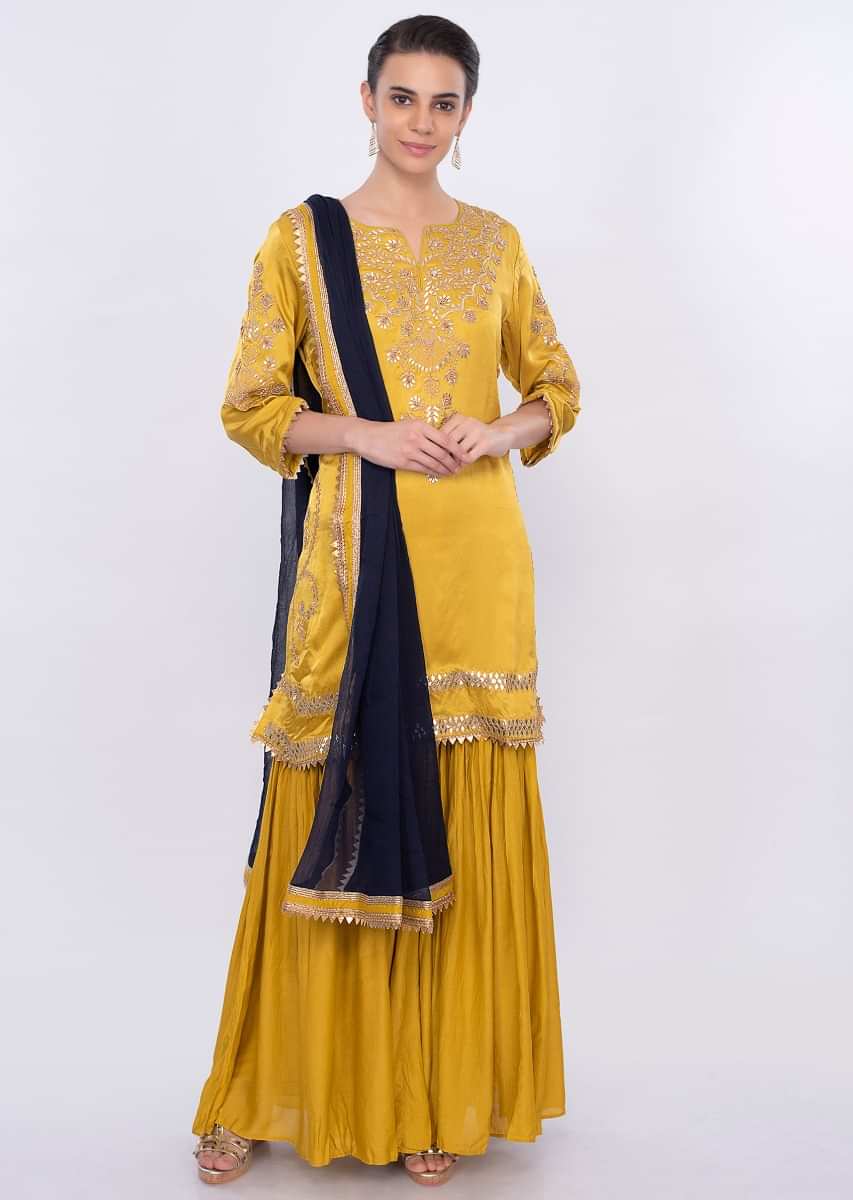 Mustard embroidered sharara suit set with contrasting navy blue dupatta ...