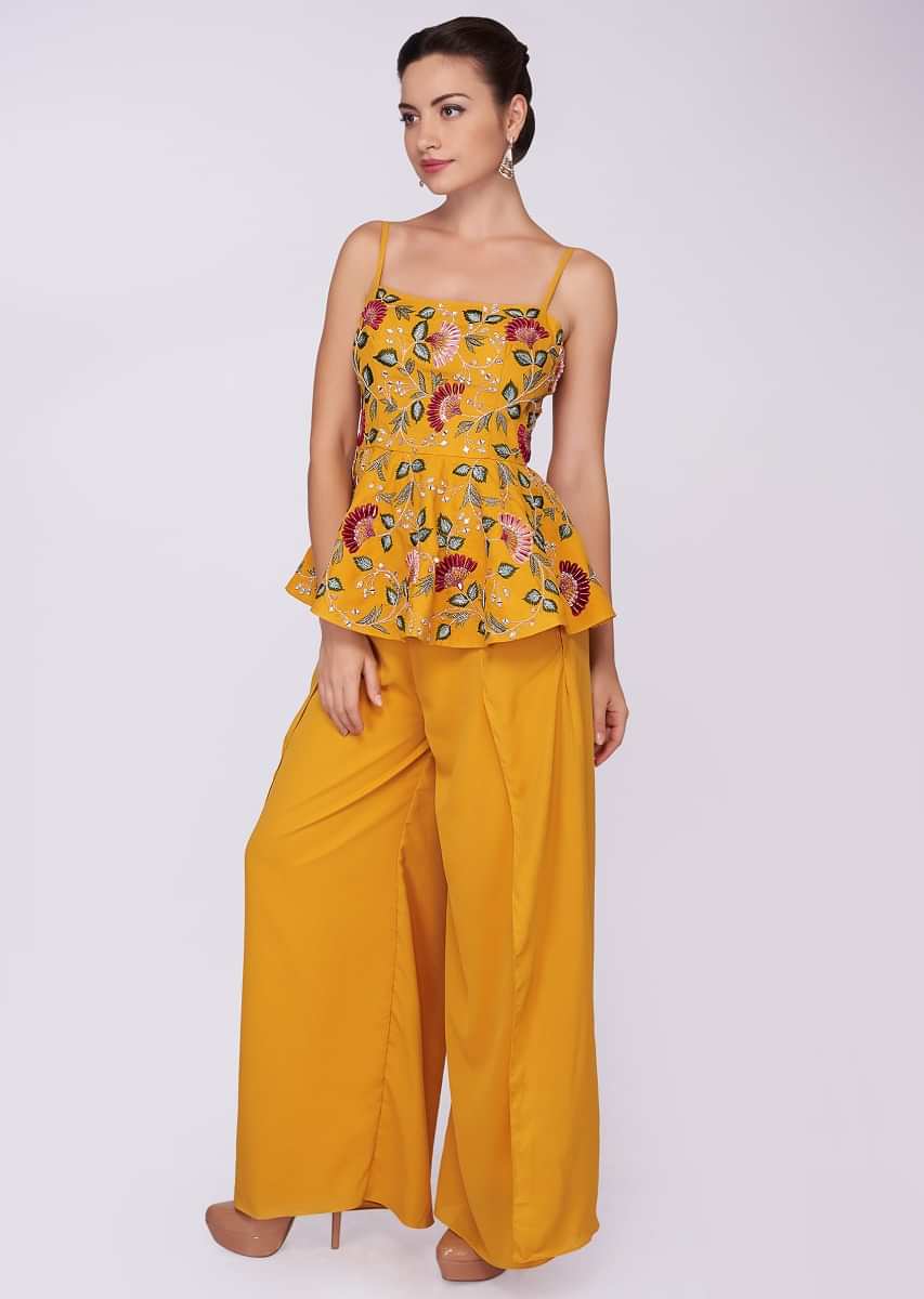 Mustard georgette palazzo with embroidered peplum