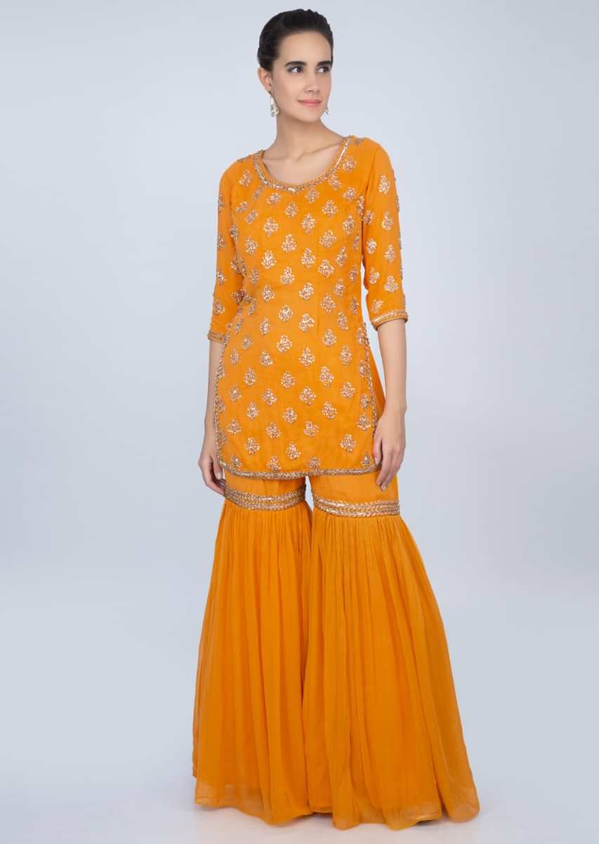 Mustard Sharara Suit In Georgette With Embroidered Butti Online - Kalki Fashion