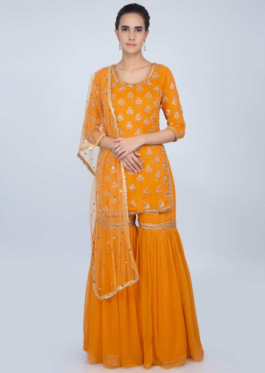 Mustard Sharara Suit In Georgette With Embroidered Butti Online - Kalki Fashion
