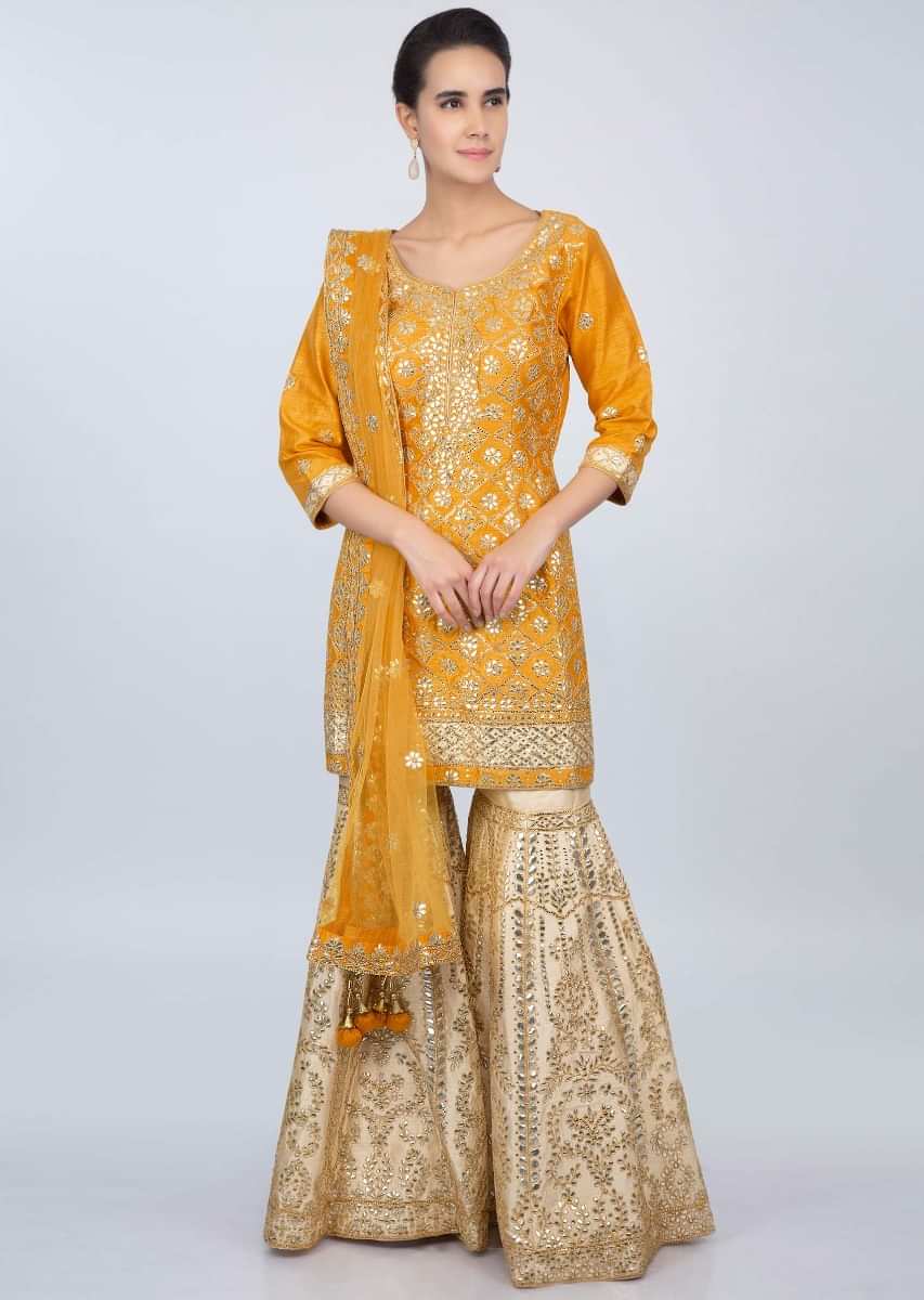 Mustard gotta embroidered suit with contrasting cream palazzo only on kalki