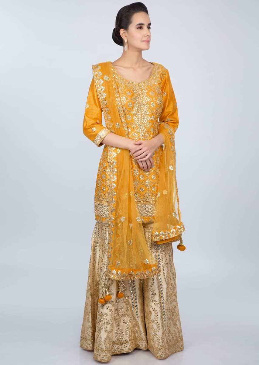 Mustard gotta embroidered suit with contrasting cream palazzo only on kalki