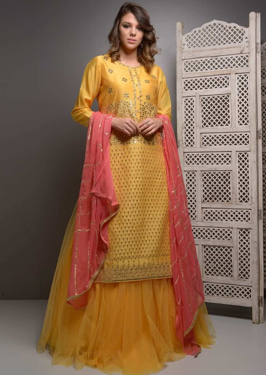 Mustard Suit With Gotta Patti Embroidery And Matching Net Skirt Online - Kalki Fashion
