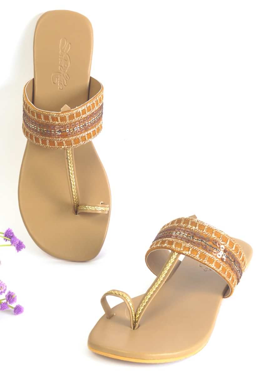 Mustard Kolhapuri Flats With Gold Sequins And Zari Work By Sole House