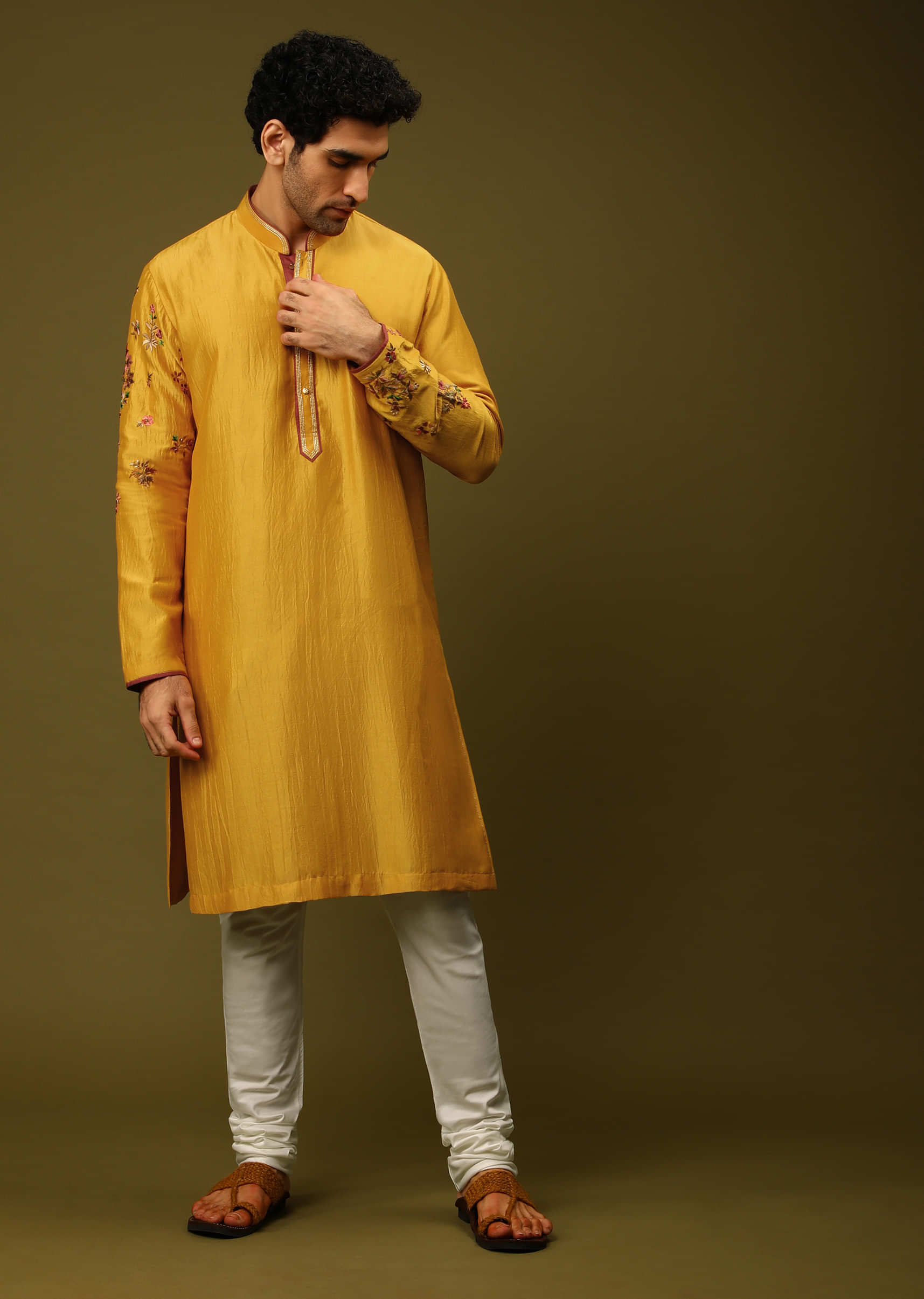 Mustard Kurta Set In Silk With Colorful Resham And Zardosi Embroidered Floral Motifs On The Sleeves  