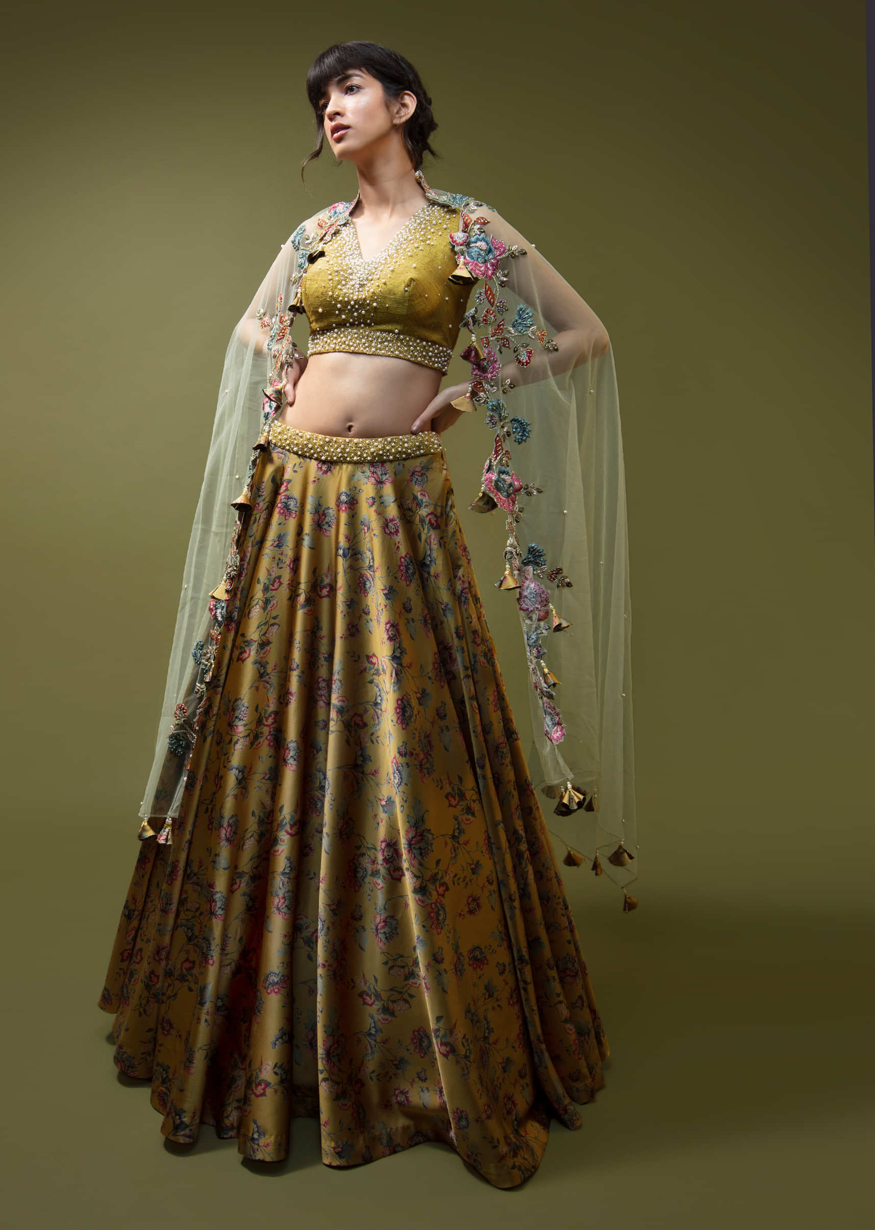 Mustard Lehenga In Satin With Floral Print All Over And Moti Accented Blouse 