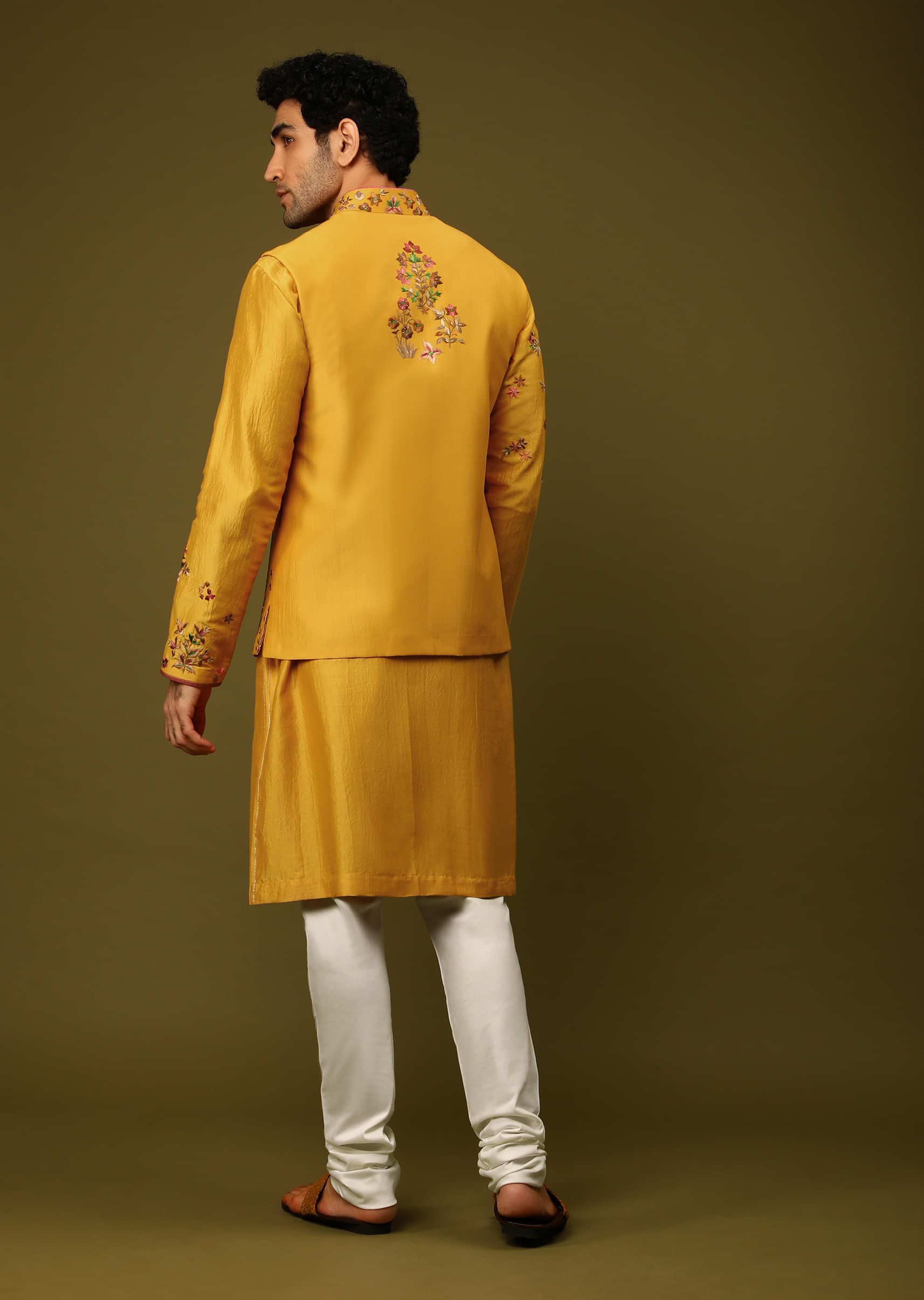 Mustard Nehru Jacket Set In Raw Silk With Colorful Resham And Zardosi Embroidered Floral Motifs  