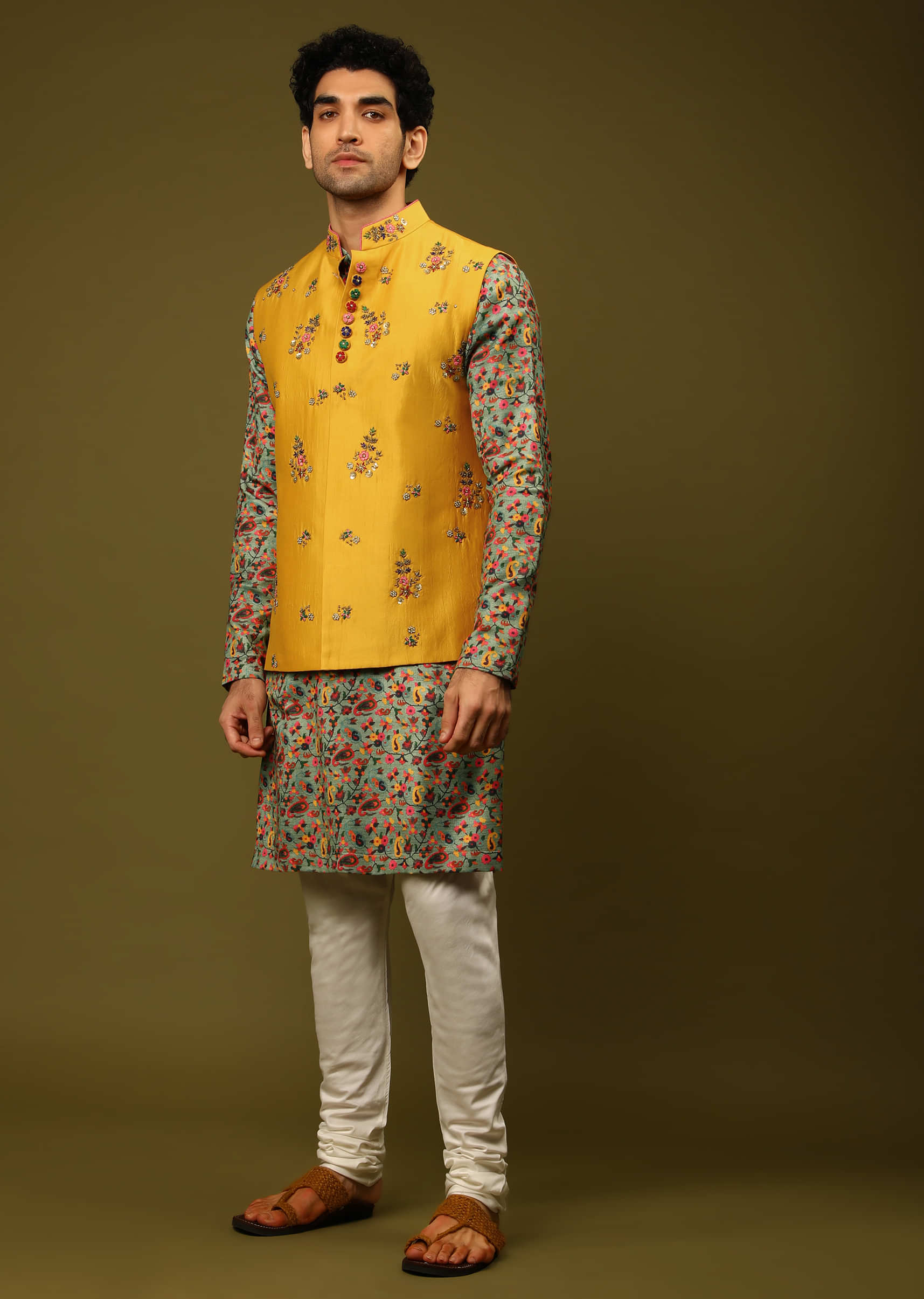 Buy Mustard Nehru Jacket With Colorful Resham Embroidered Floral Motifs And  Contrasting Floral Printed Kurta Set Online - Kalki Fashion