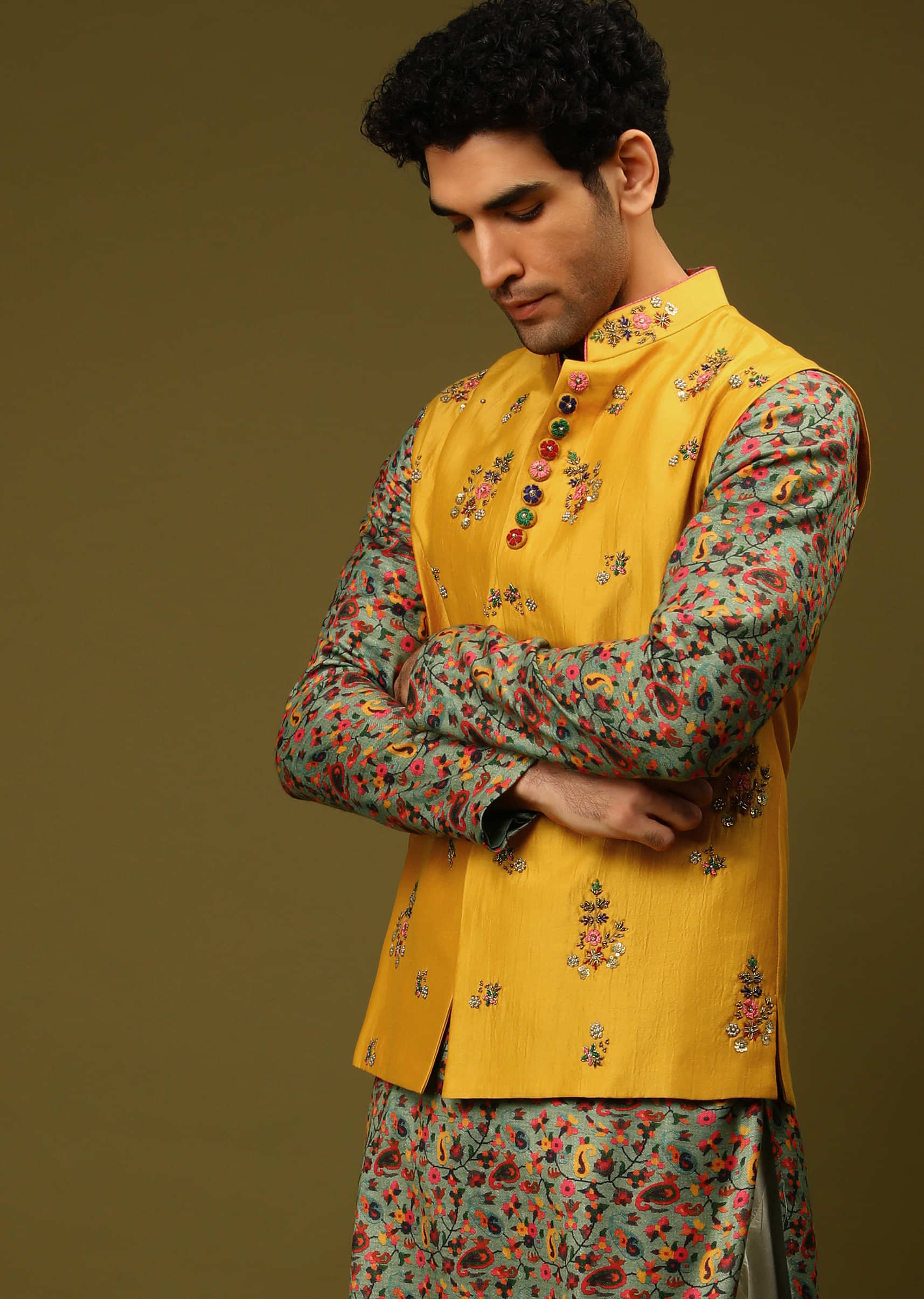 Mustard Nehru Jacket With Colorful Resham Embroidered Floral Motifs And Contrasting Floral Printed Kurta Set  