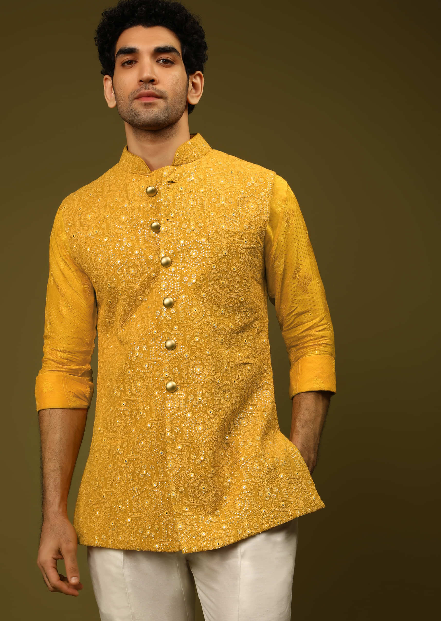 Mustard Nehru Jacket With Thread And Abla Embroidered Moroccan Jaal And Woven Shirt With Aligarh Pants  