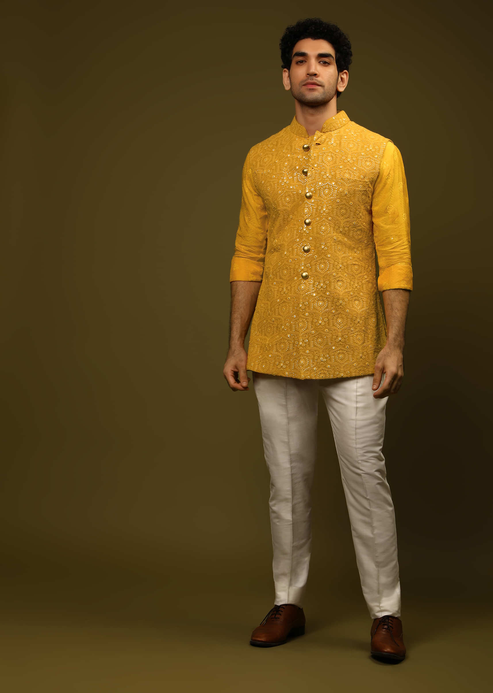 Mustard Nehru Jacket With Thread And Abla Embroidered Moroccan Jaal And Woven Shirt With Aligarh Pants  