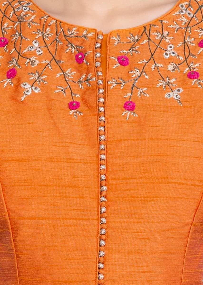 Mustard Suit In Embroidered Raw Silk With Fuchsia Pink Brocade Silk Dupatta Online - Kalki Fashion