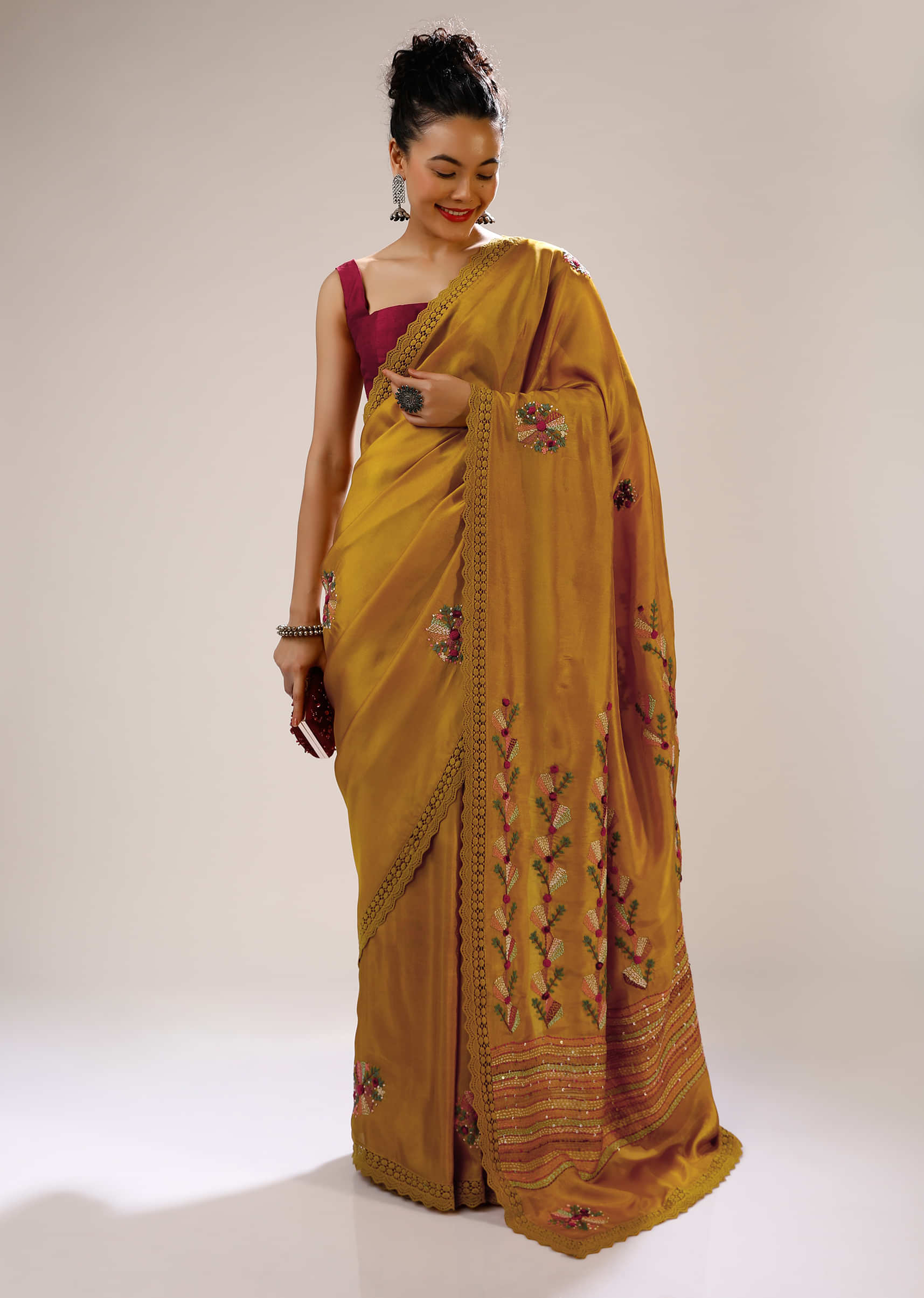 Mustard Saree In Silk With Multicolored Bud Hand Embroidery In Floral Motifs And Running Stich Design  