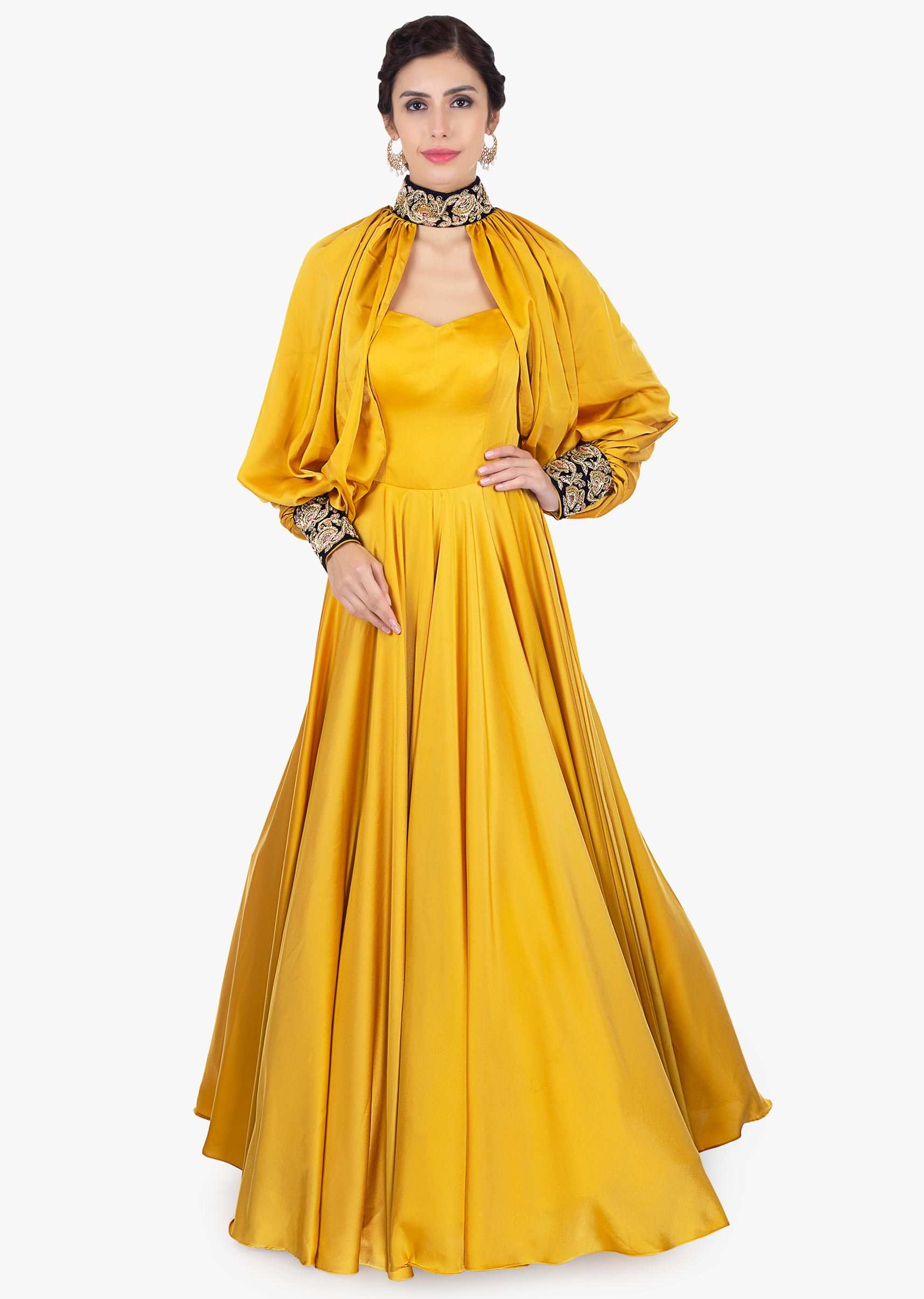 Mustard satin strap gown with additional top layer 