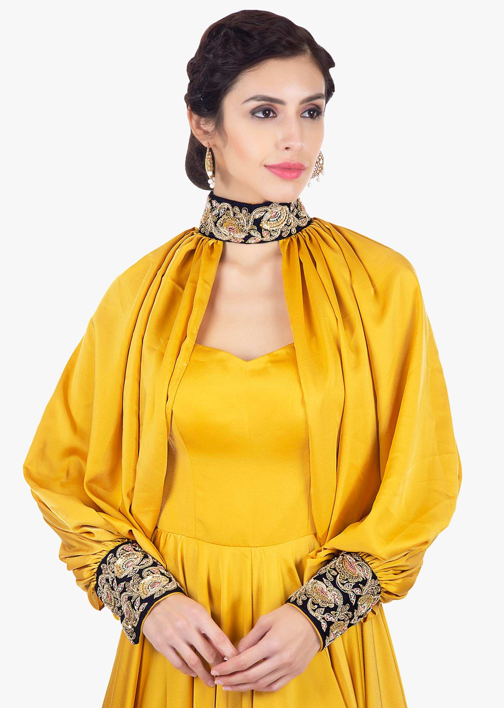 Mustard satin strap gown with additional top layer 
