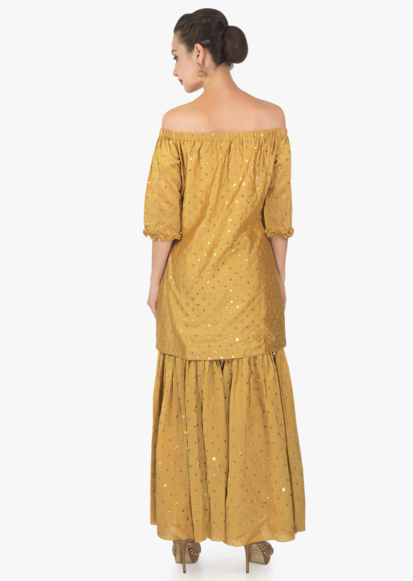 Mustard sharara and top embellished with heavy sequins work all over only on kalki