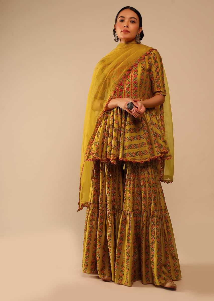 Shop Mustard Cotton Blend Sharara Suit with Floral Peplum Kurti ...