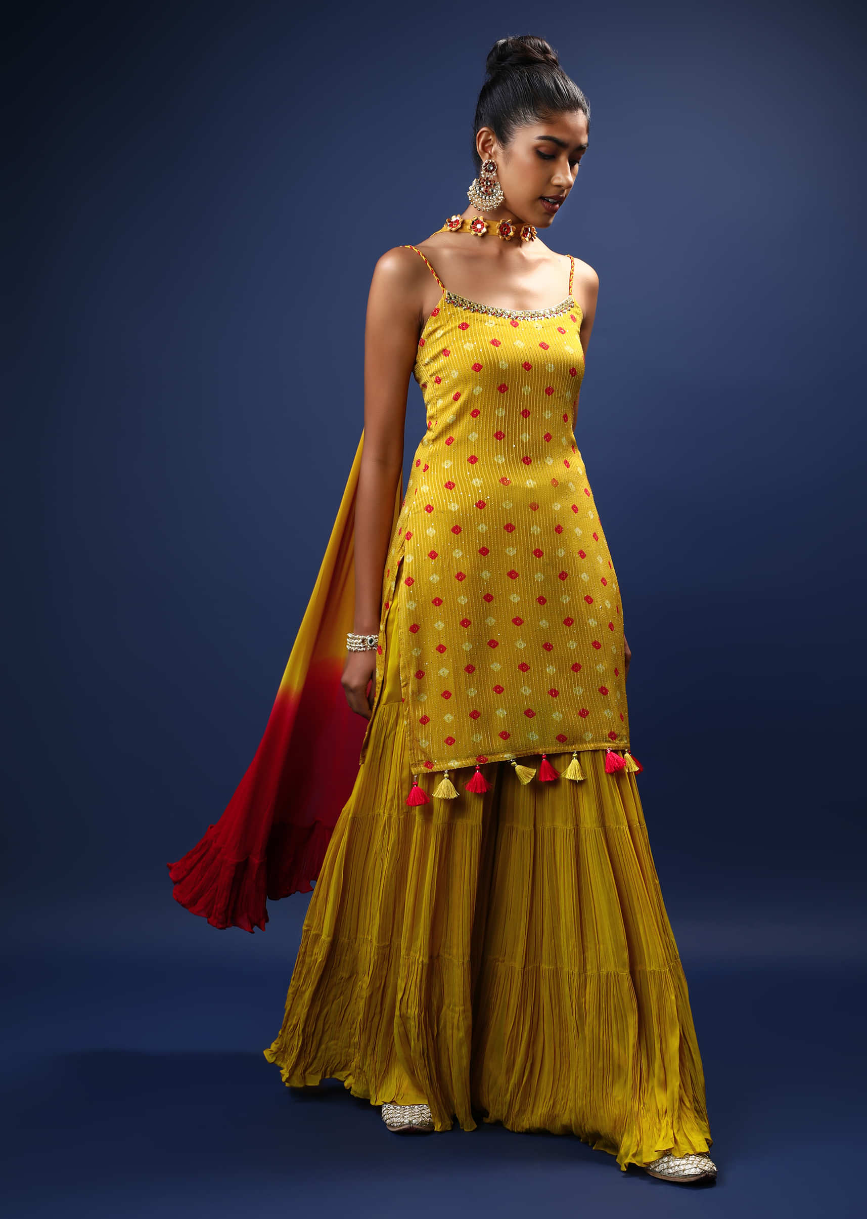 Mustard Sharara Suit In Georgette With Bandhani Printed Buttis And Tassels On The Border  
