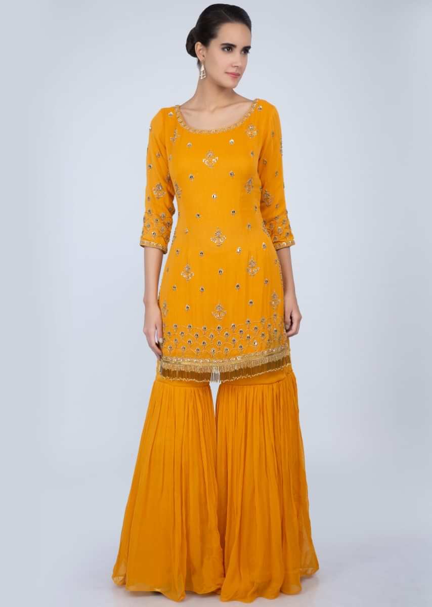 Mustard Sharara Suit Set With Embroidery And Butti Online - Kalki Fashion