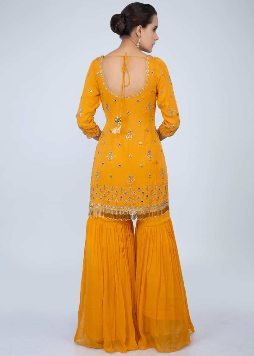 Mustard Sharara Suit Set With Embroidery And Butti Online - Kalki Fashion