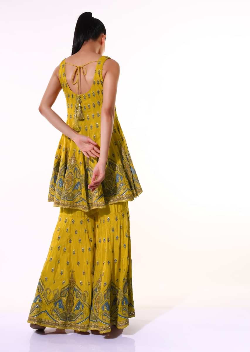 Buy Mustard Cotton Peplum Kurti & Sharara Set with Resham Embroidery