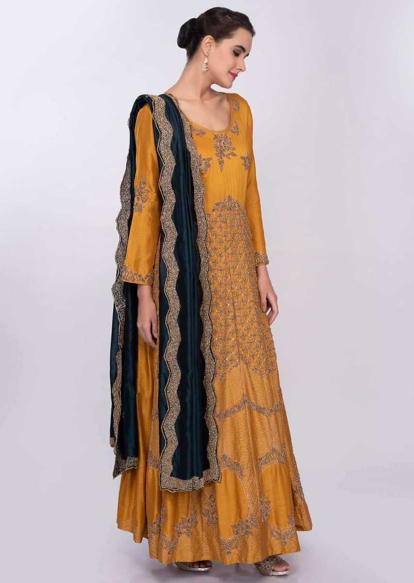 Mustard silk heavy embroidered anarkali dress with prussian blue dupatta  only on Kalki