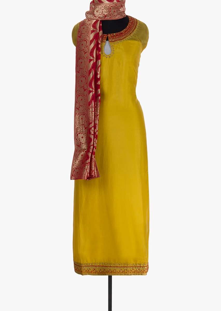Mustard silk unstitched with zari embroidered neckline and hemline