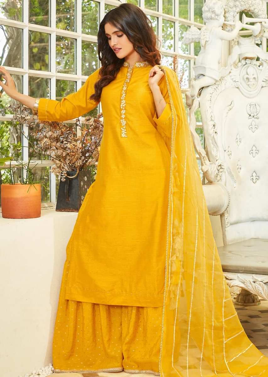 Mustard straight sharara suit in silk with embroidered collar and placket