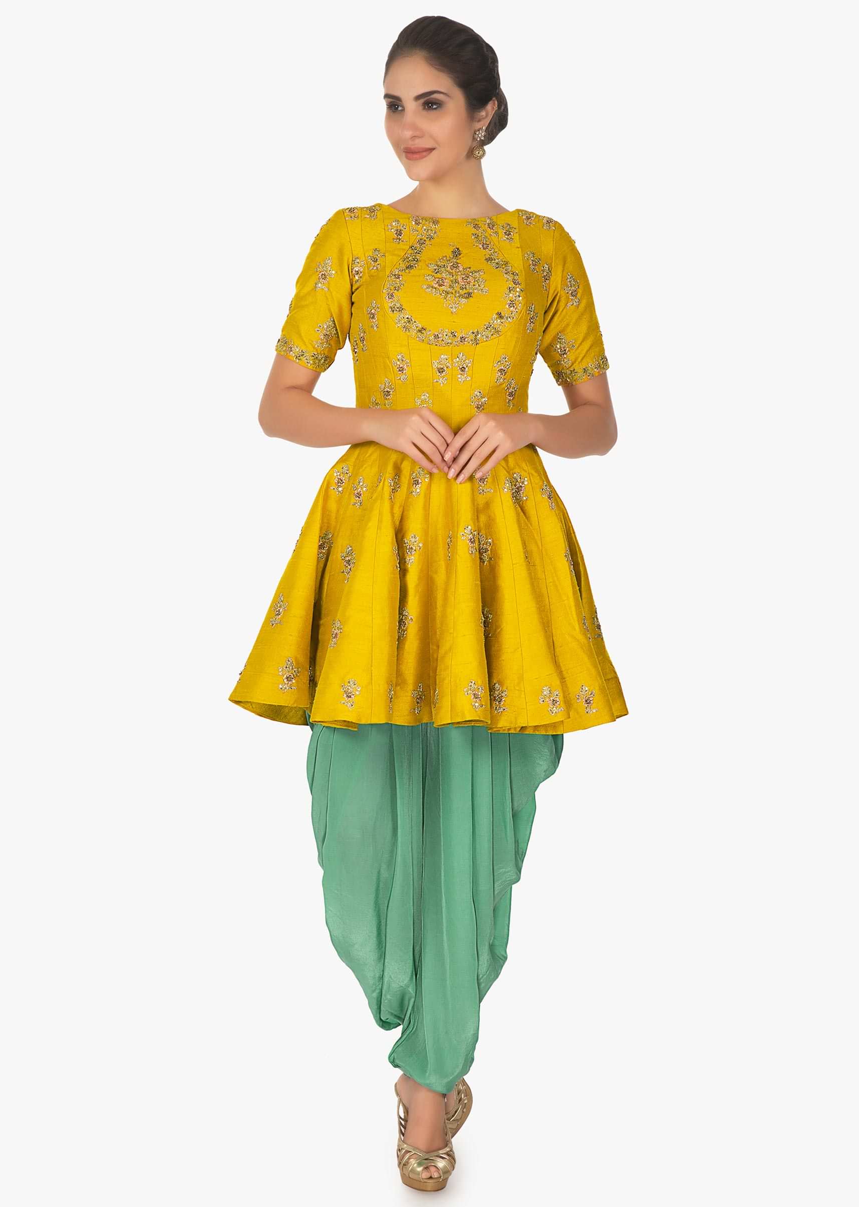 Mustard thigh length top with turquoise blue dhoti pant 