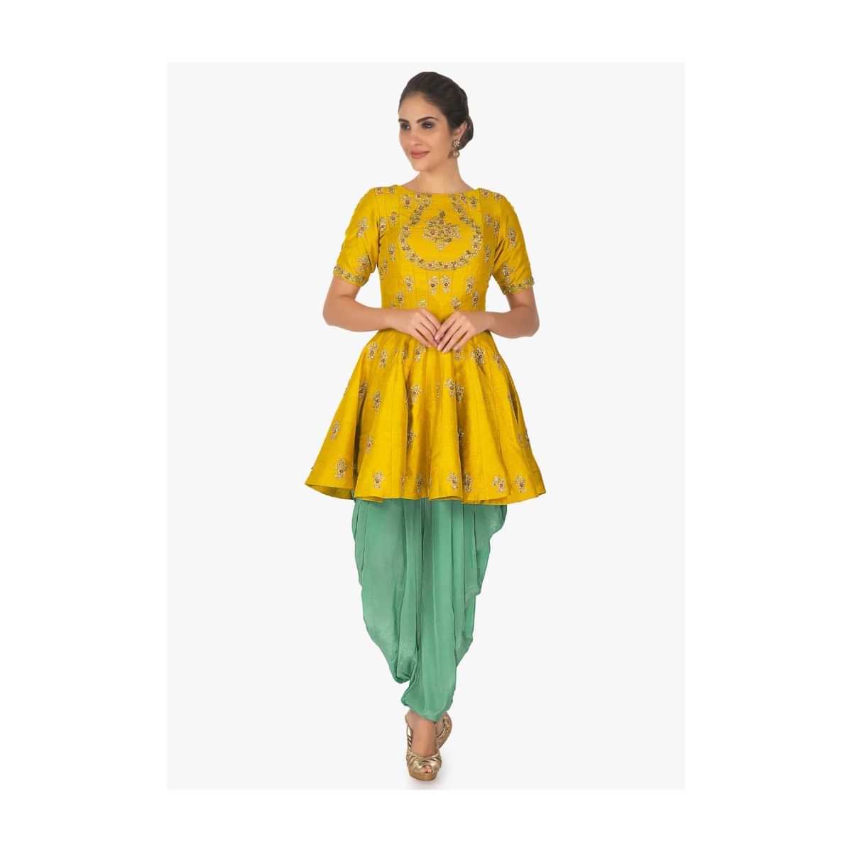 Mustard thigh length top with turquoise blue dhoti pant only on Kalki
