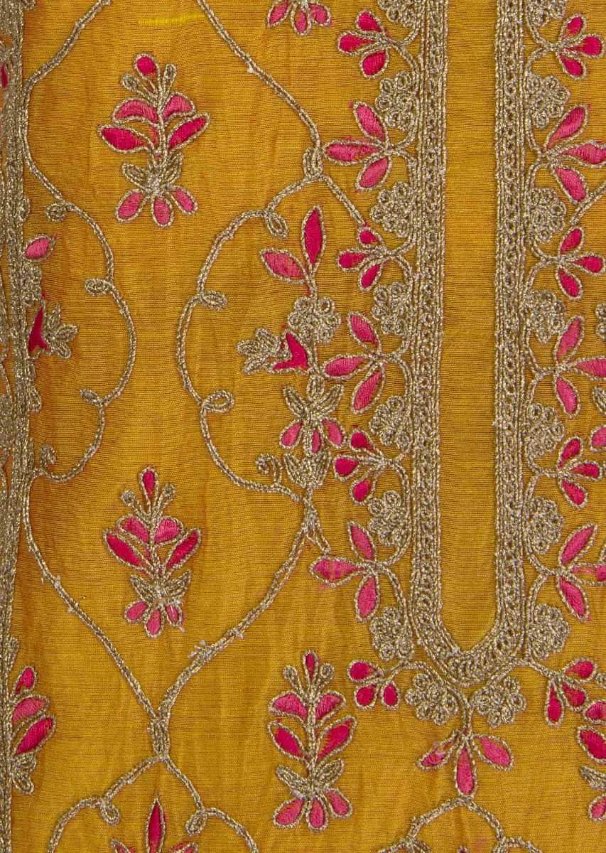 Mustard unstitched  silk suit with front straight panel 