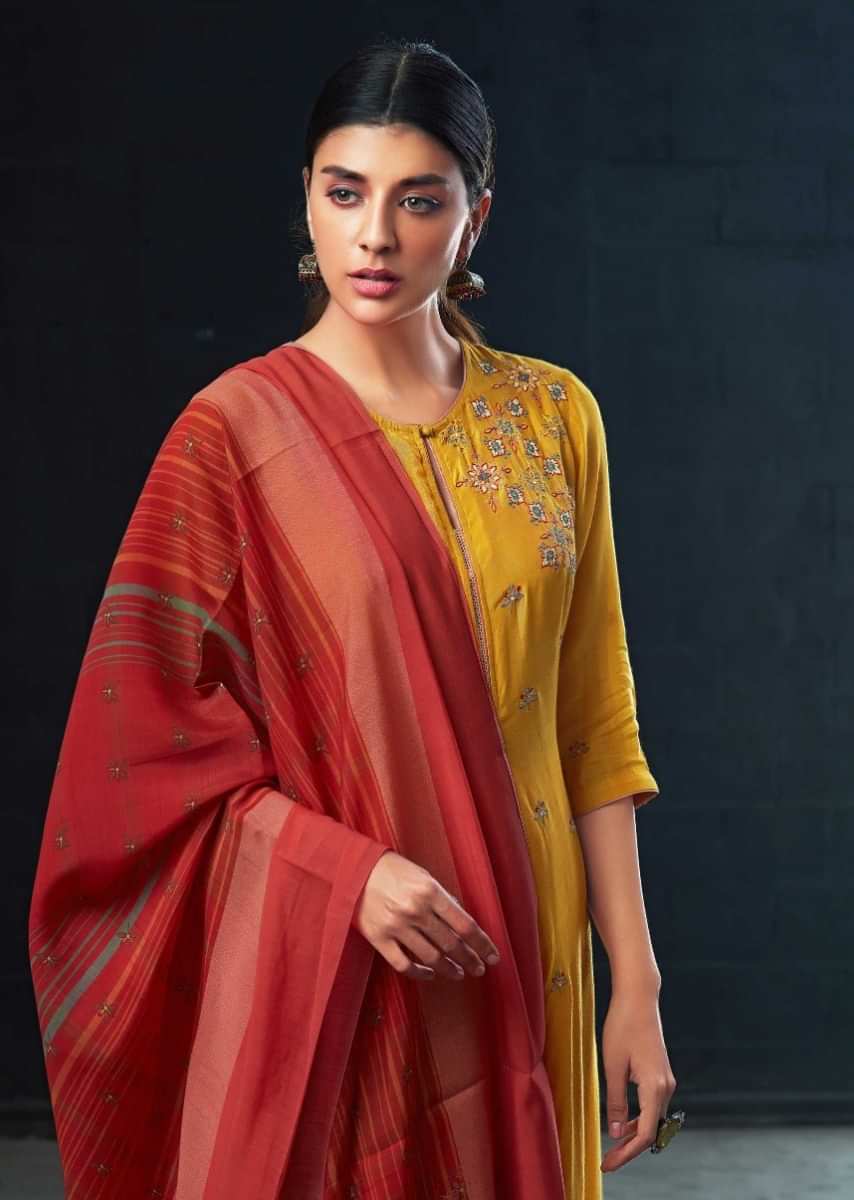 Mustard Yellow A Line Sharara Suit With Resham Embroidered Yoke