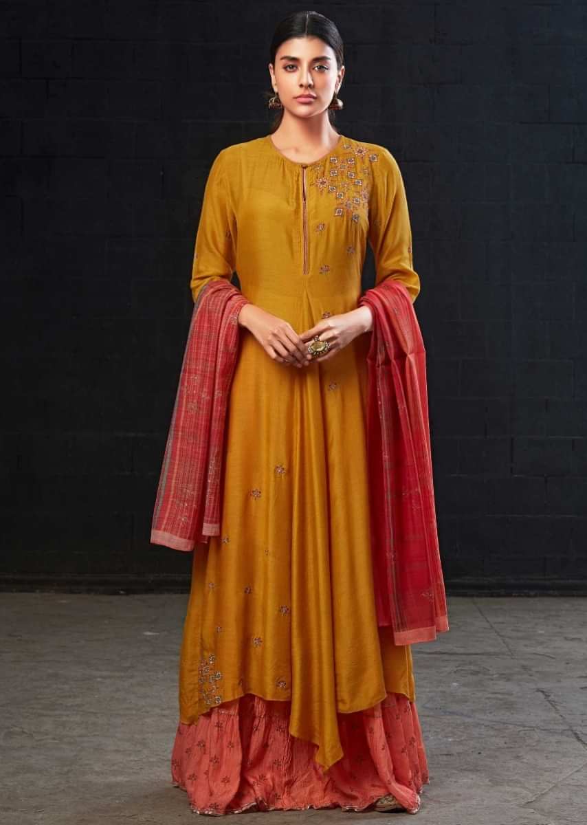 Mustard Yellow A Line Sharara Suit With Resham Embroidered Yoke