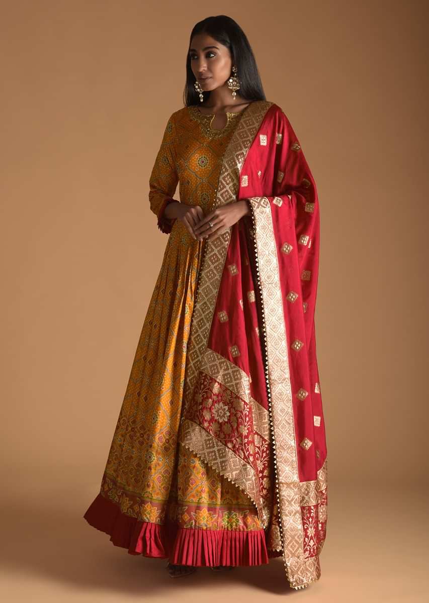 Mustard Yellow Anarkali Suit In Cotton Silk With Patola And Bandhani Printed Jaal And Rani Pink Banarasi Dupatta  