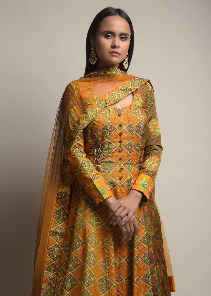 Mustard Yellow Anarkali Suit In Silk With Patola Print And Beads Embroidered Patchwork Detailing Online - Kalki Fashion