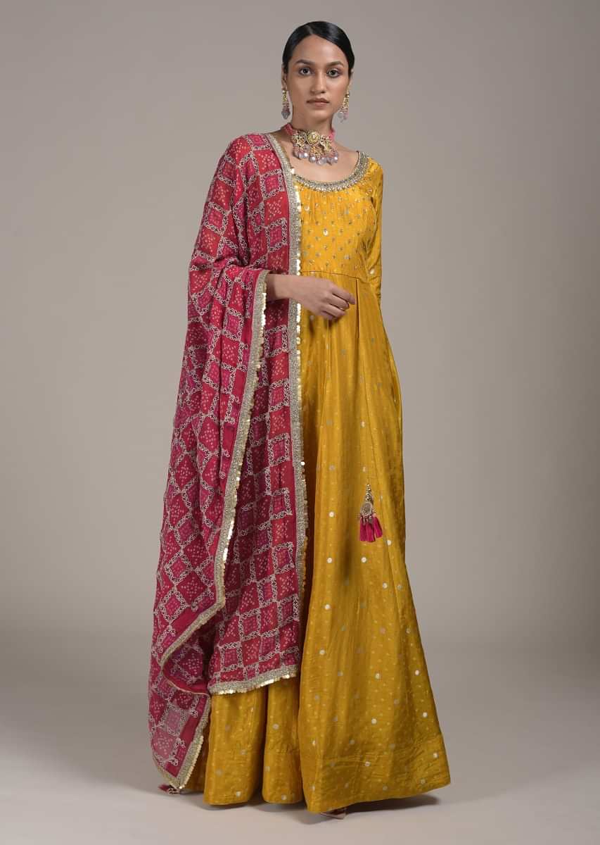 Mustard Yellow Anarkali Suit In Silk With Woven Buttis And Mirror Embellished Neckline  