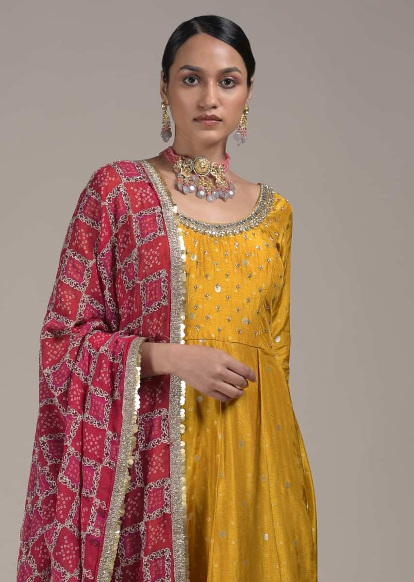 Mustard Yellow Anarkali Suit In Silk With Woven Buttis And Mirror Embellished Neckline  