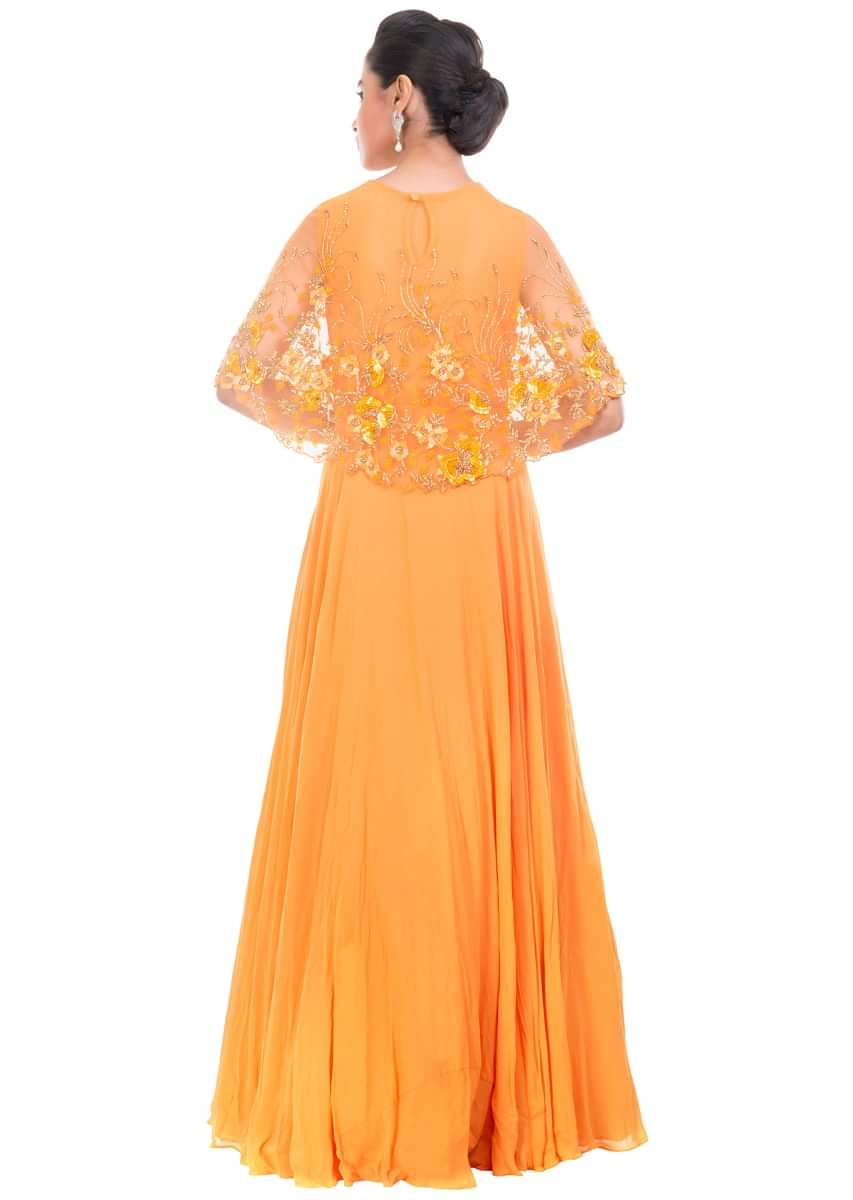 Mustard Yellow Gown With Embroidered Cape Online - Kalki Fashion