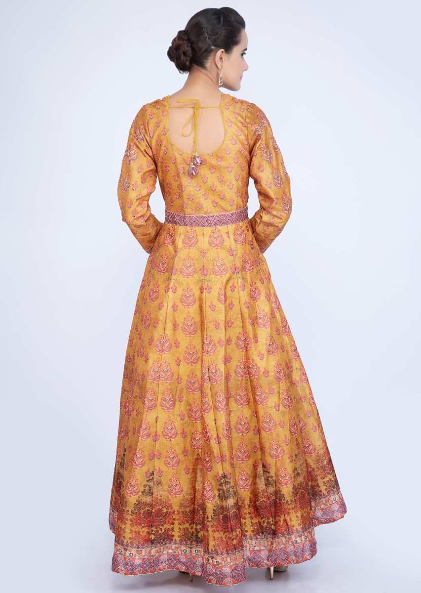 Mustard yellow jute cotton anarkali dress with digital printed butti only on Kalki
