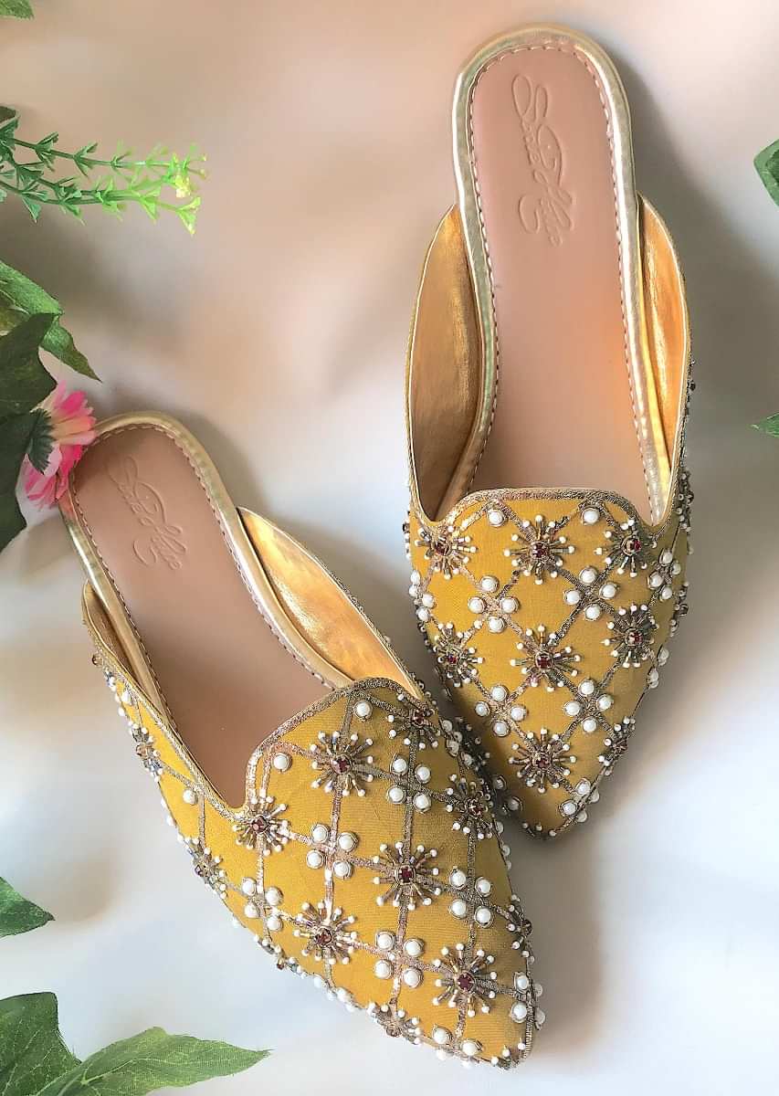 Mustard Yellow Mules With Maroon Swarovski And Moti Detailing By Sole House