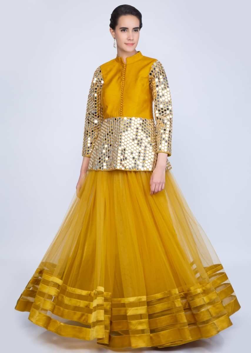 Mustard Yellow Lehenga In Net With Mirror Embroidered Peplum Blouse Online - Kalki Fashion