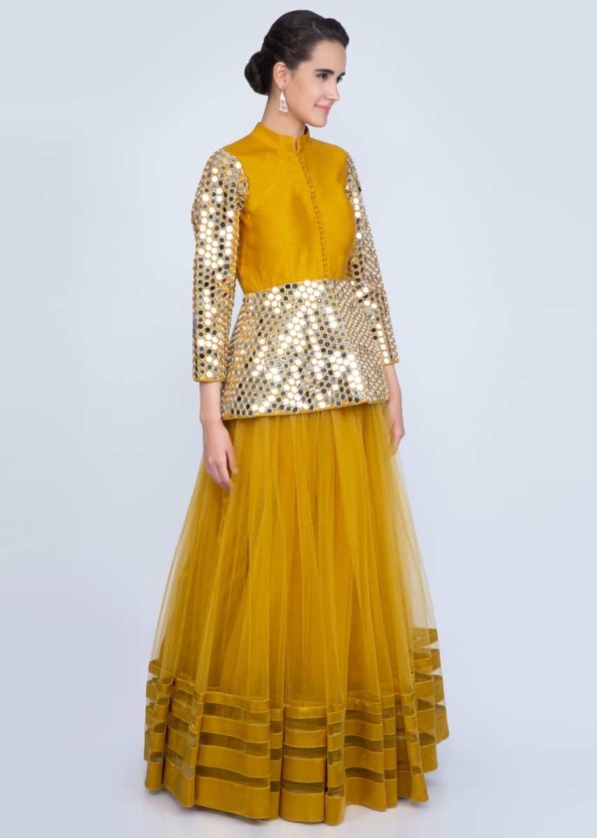 Mustard Yellow Lehenga In Net With Mirror Embroidered Peplum Blouse Online - Kalki Fashion