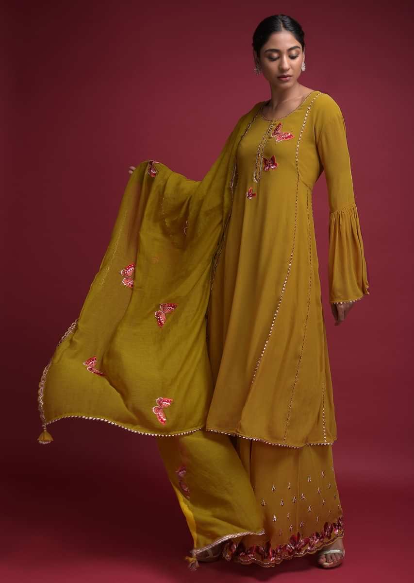 Buy Mustard Yellow Palazzo Suit In Georgette With Thread Embroidered ...