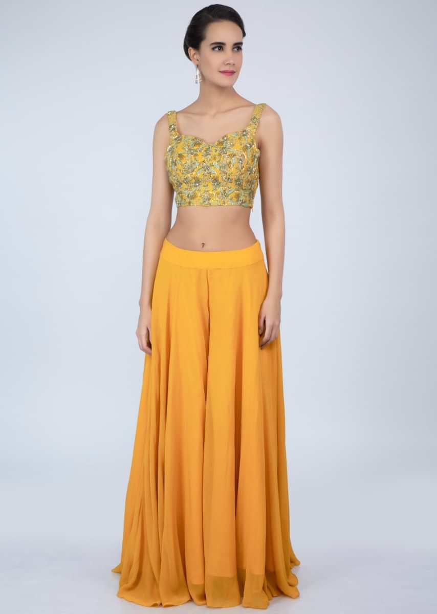 Mustard Yellow Palazzo With Embroidered Crop Top And Net Dupatta Online - Kalki Fashion