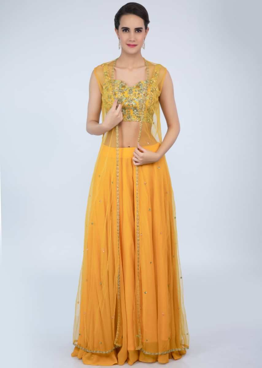 Mustard Yellow Palazzo With Embroidered Crop Top And Net Dupatta Online - Kalki Fashion