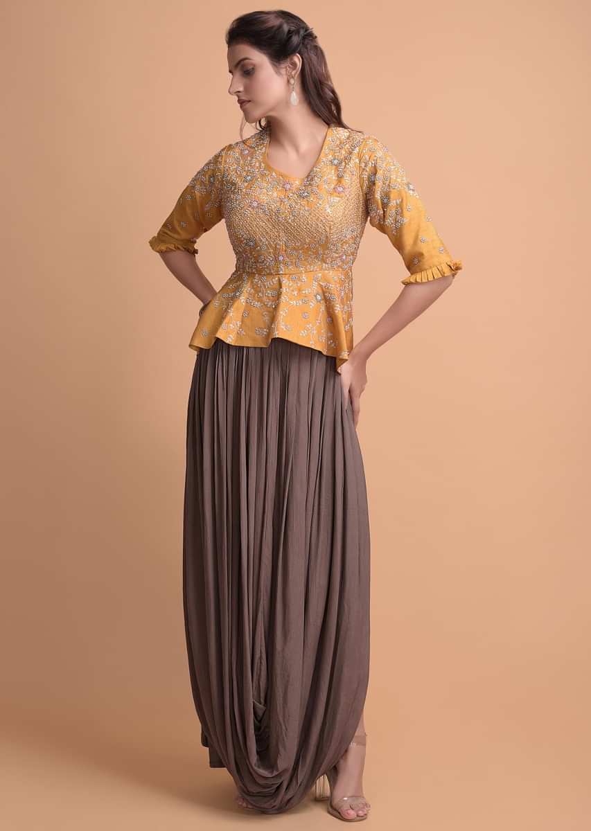 Mustard Yellow Peplum Top With High Low Waist And A Cedar Brown Cowl Drape Skirt Online - Kalki Fashion