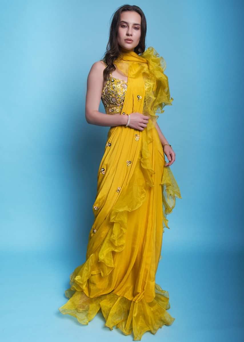 Mustard yellow ready pleated draped saree with ruffled organza draped pallo and hem Online - Kalki Fashion
