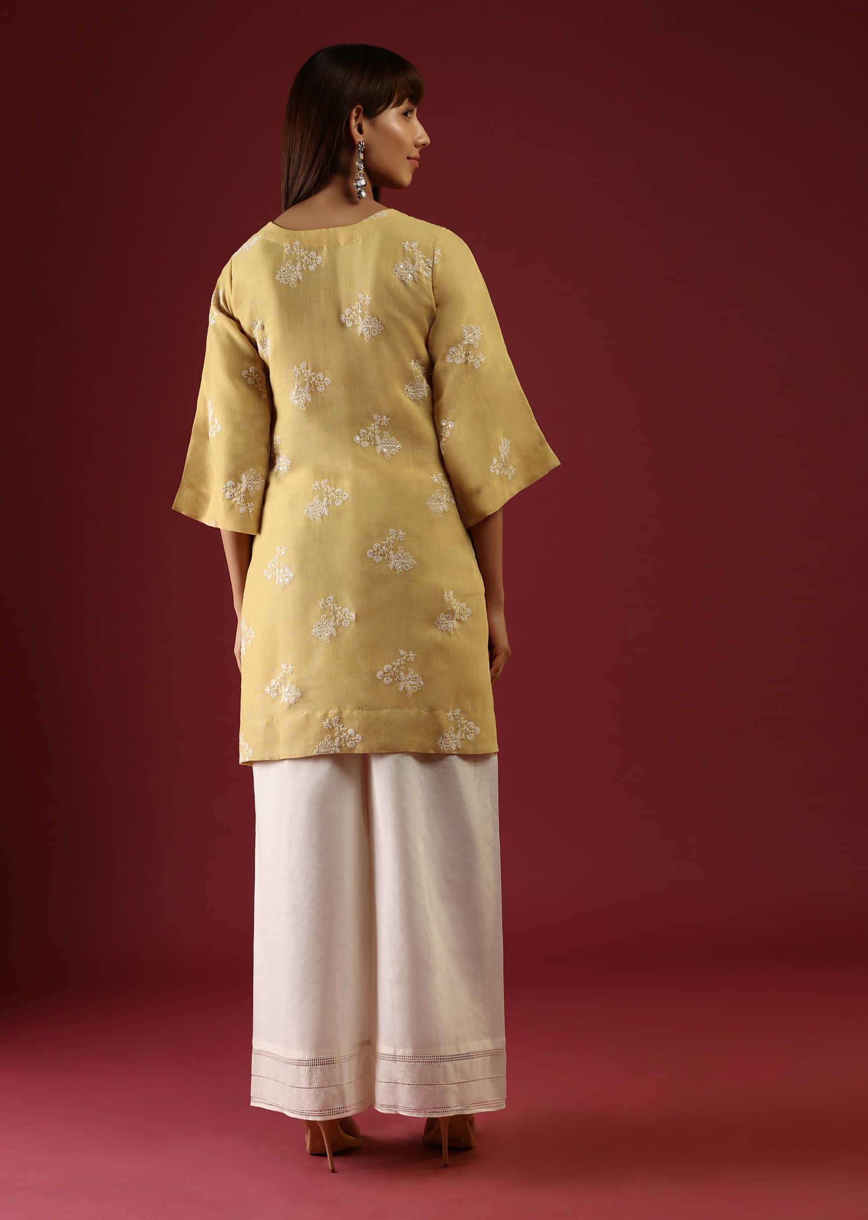 Mustard Yellow Straight Cut Kurta Set With Thread And Sequins Embroidered Floral Buttis  